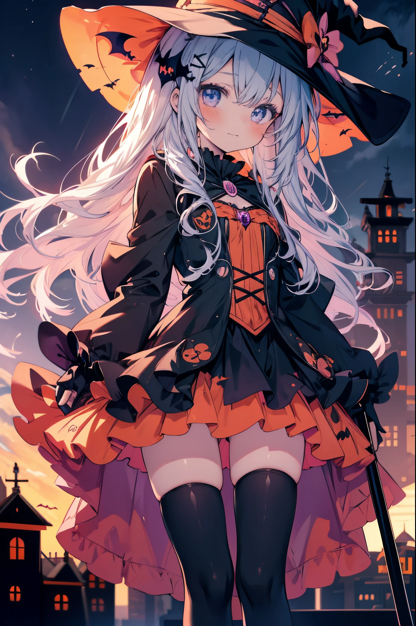 witch, halloween, anime, cute, cute girl, anime wallpaper, anime wallpaper, witch girl wallpaper, halloween girl wallpaper, anime halloween girl wallpaper, 1girl, solo, long hair, holding, looking at viewer, staff, hair ornament, blush
