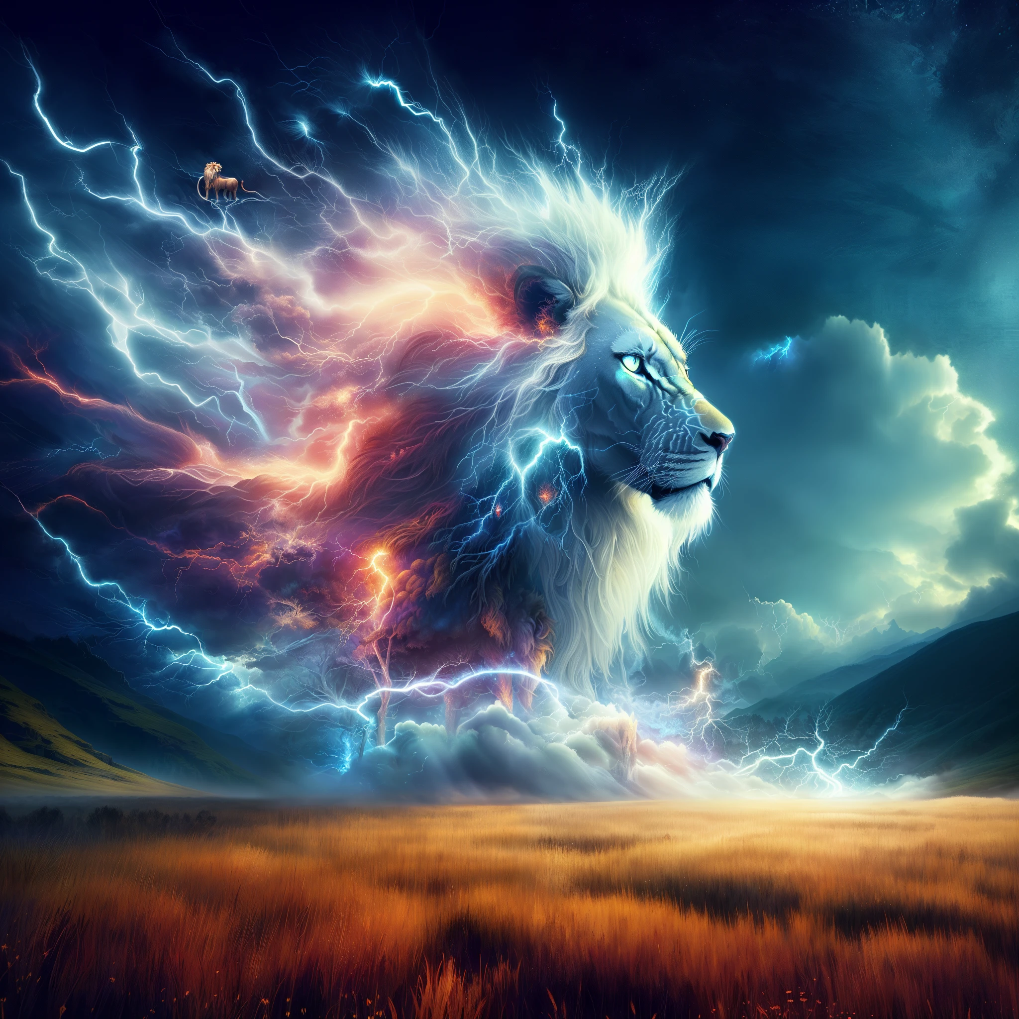 a lion with a lightning mane in a field of grass, fire lion, beautiful digital artwork, epic fantasy digital art, fantasy digital art, cinematic lightning and colors, amazing wallpaper, fractal thunder dan mumford, best on adobe stock, lightning fantasy magic, amazingly epic visuals, fantasy art behance, 4k highly detailed digital art, amazing lightning art