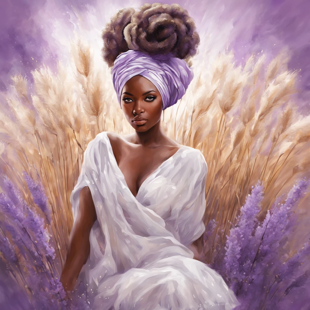 Beautiful girl, turban, lavender, pampas grass, abstract, floral botanical, fantasy, african style, beautiful, realistic, white, lilac, golden fibers, drops, balls, swirls, sparks, high octane, brightly, Large