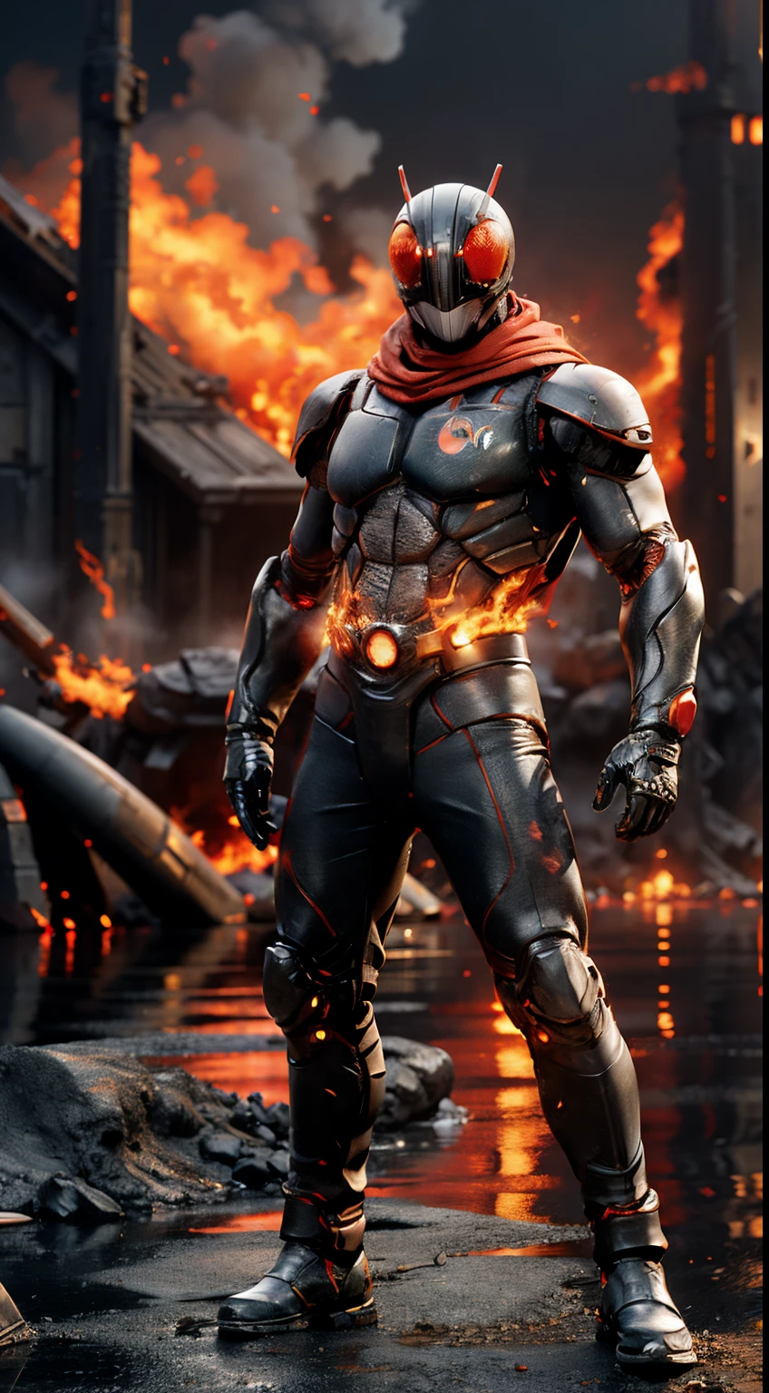 (kamen rider standing and turn around), full body detailed, detailed hands, good fingers, good hands, good legs, red scarf, low hood, ((epic burning city)), ruins, floating, explosion, debris, some fire and glitter background, ultra hd, ultra realistic texture, (flare lens:1.2), (long shot:0.9)