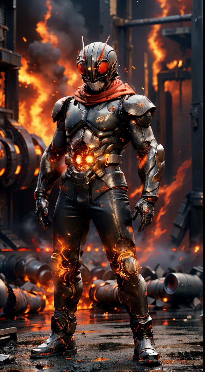 (kamen rider, (standing), (turn around), full body detailed, detailed hands, good fingers, good hands, good legs, red scarf, low hood, ((epic burning city)), ruins, floating, explosion, debris, some fire and glitter background, ultra hd, ultra realistic texture, (flare lens:1.2), (long shot:0.9)