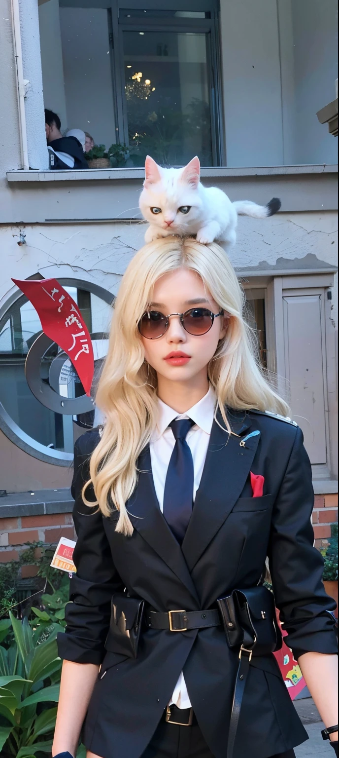 (8k, RAW Photography, top-quality, masterpiece:1.2), 1girl, 3d, voluptuous body, beautiful face, photogenic , 3D, Blazer uniform, long blonde hair in curls, hands raised, school ground, s lips, High school student, schoolyard, school uniform, real, shinny skin、Beautiful delicate face、Beautiful delicate eyes、a miniskirt 、Multiple people,A White Cat On Her Head