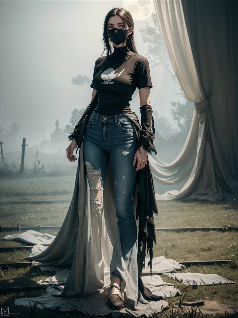 (Young woman, solo, full body,  hyperrealism, t-shirt and jeans), (night), trending on artstation, moonlit, flowering field, hands on hips, (ghostlystyle, ghostly mist), horror, tattered ghostly clothes, ghostdarksouls, wraith