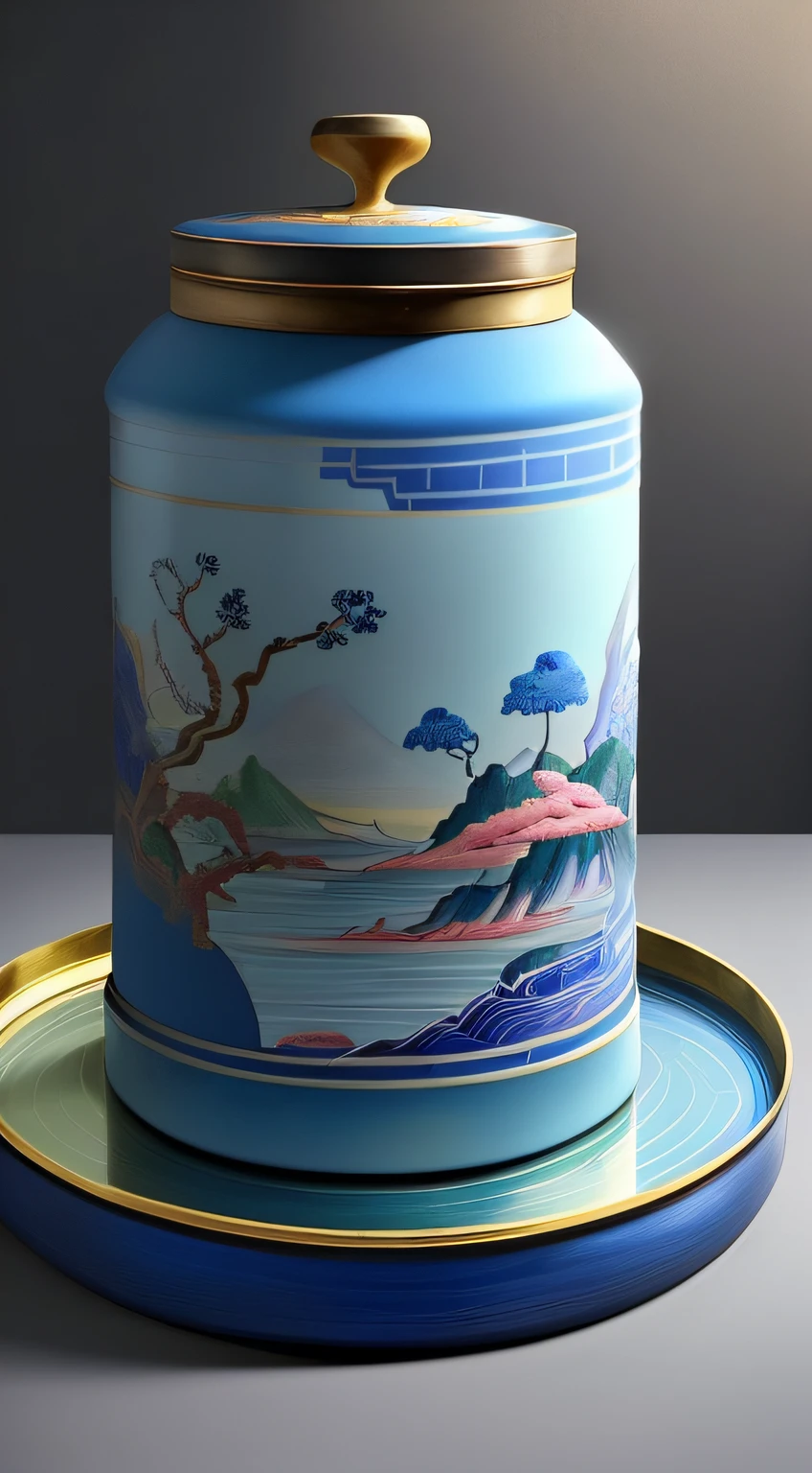 A blue enamel jar,with cover,Served on a nice round tray,Sealed tea can,Inspired by Hanabusa Itcho II,Depiction of Chinese elements,Beautiful Chinese landscape painting,cloisonne, Inspired by Kano headquarters, beautifully painted, author:ghana trip, Inspired by Itcho Hanabusa, The details are extremely clear