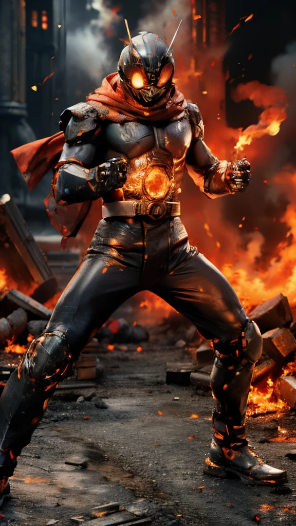 (kamen rider, (punch to viewer), full body detailed, detailed hands, good fingers, good hands, good legs, red scarf, low hood, ((epic burning city)), ruins, floating, explosion, debris, some fire and glitter background, ultra hd, ultra realistic texture, (flare lens:1.2), (long shot:0.9)