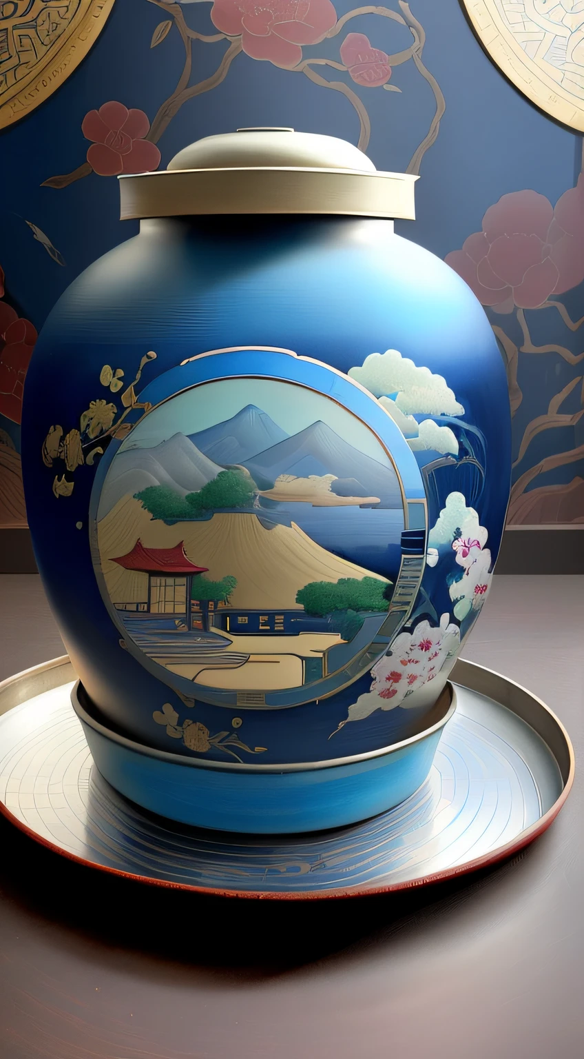 A blue enamel jar，with cover，Served on a nice round tray，Sealed tea can，Inspired by Hanabusa Itcho II，Depiction of Chinese elements，Beautiful Chinese landscape painting，cloisonne, Inspired by Kano headquarters, beautifully painted, author：ghana trip, Inspired by Itcho Hanabusa, The details are extremely clear