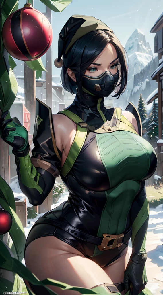 viper, mask, respirator, shiny clothing, latex, christmas scene, zoomed out, zoomed way out, big boobs, curvy woman, exotic, leapord print clothing, santa hat, christmas, christmas trre, mountains, snow, log cabin, 8k, high res, ultra realism, unreal engine, beatiful eyes, sparkling eyes, flirty look, sexy, holding a shiny red christmas ball, big tits, perfect woman, very clear, crisp, hd, uhd, 8k, 8k, 4k, high resolution, 360hz