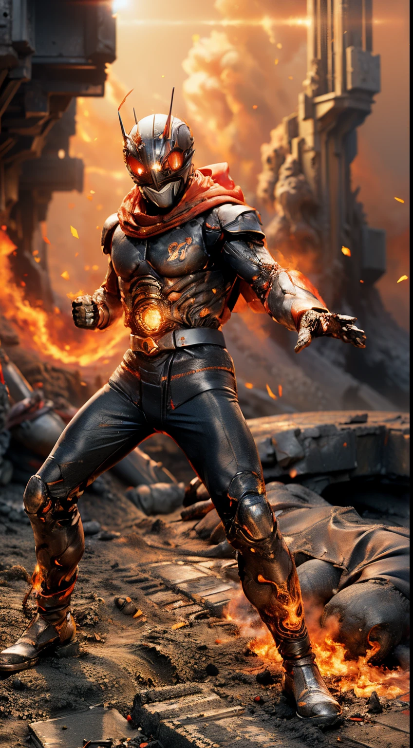 (kamen rider, (close up punch to viewer), full body detailed, detailed hands, good fingers, good hands, good legs, red scarf, low hood, ruins, floating, explosion, debris, some fire and glitter background, ((epic sand storm)), ultra hd, ultra realistic texture, (flare lens:1.2), (long shot:0.9)