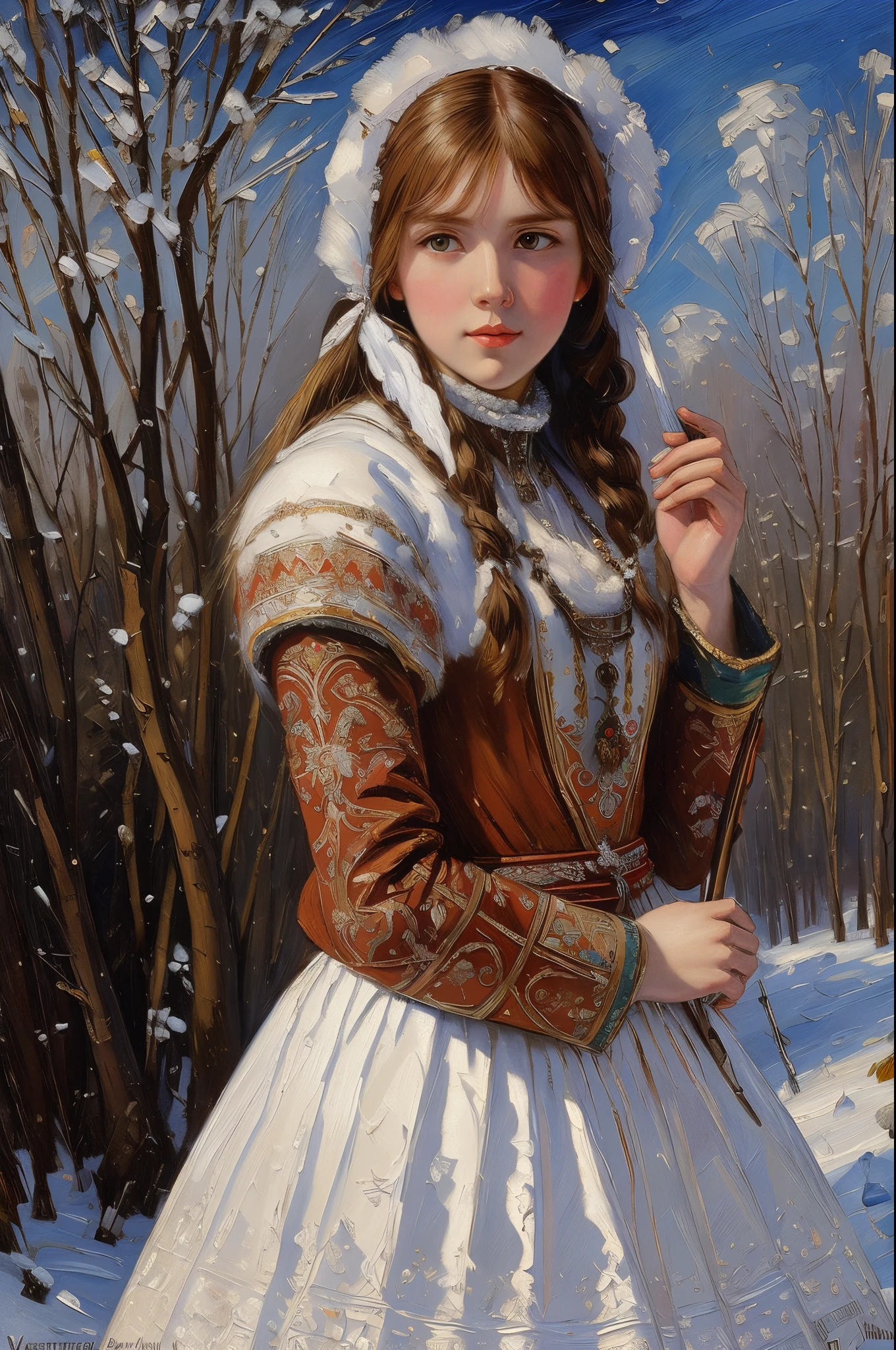 "Snow maiden" ((style of Viktor Vasnetsov )), genre romanticism, ((Palette knife for oil painting)), ((tmasterpiece)), Single Shot, Impression, (Highest detail Konstantin Makovsky), perspective, 8K