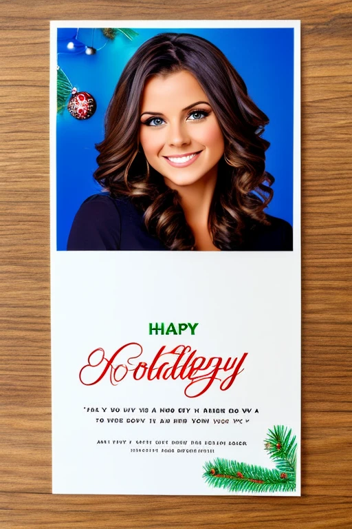 very modern postcard, glossy paper, picture of a attractive woman, addressed in bold font "happy holidays"