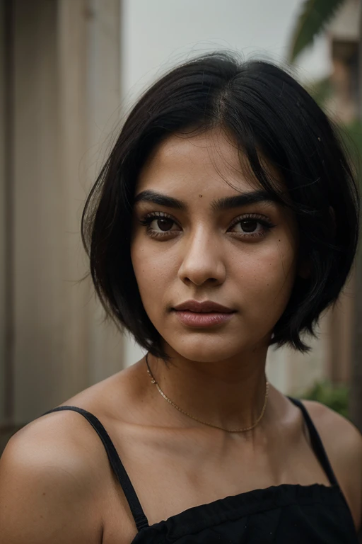 There is a young women, with black hair, staring to the side, with gloomy air, masterpiece, best quality, realistic, 1 women women focus, Beautifully, [thick eyebrows], portrait, extremely detailed face, black hair, (short hair),(South indian)