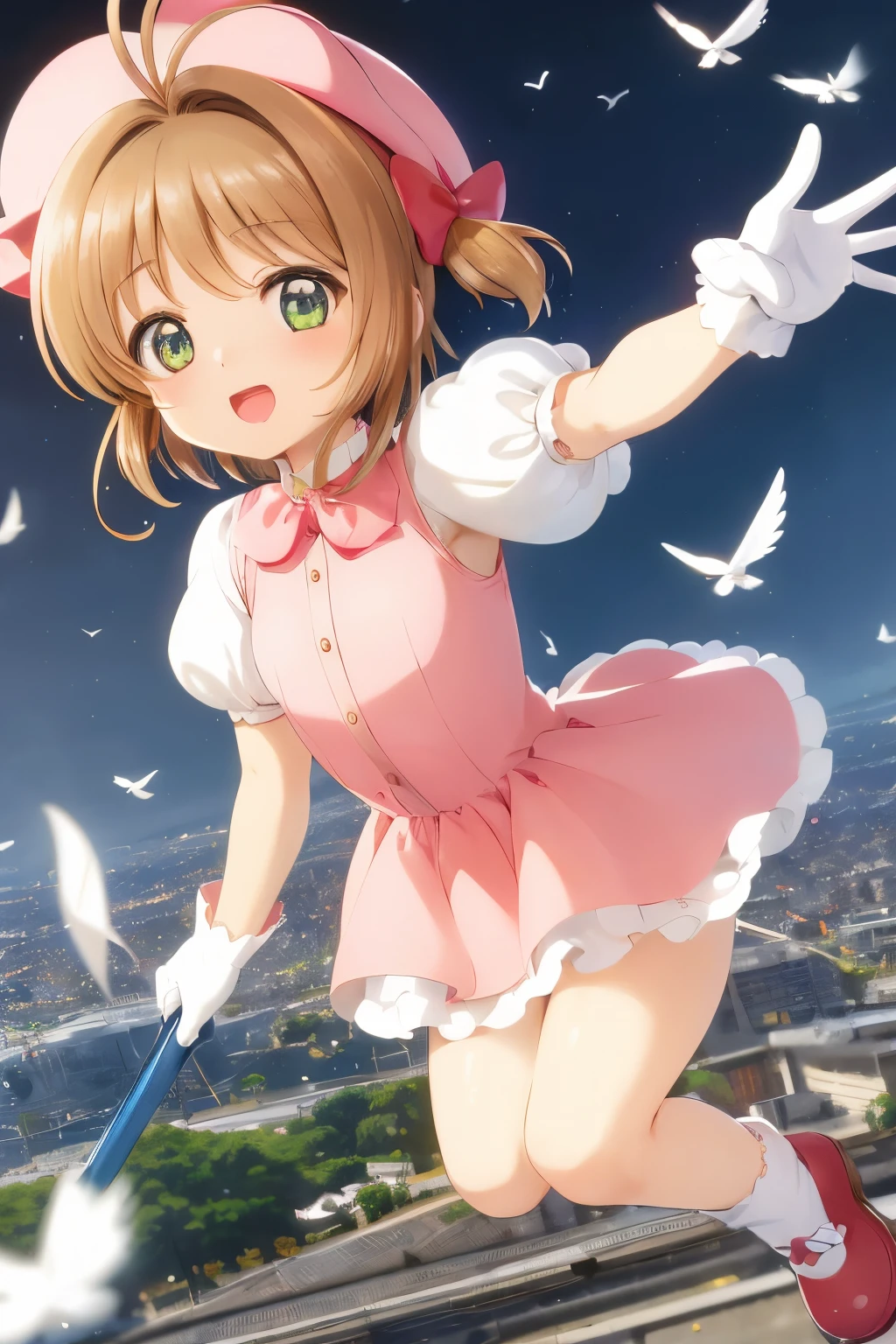 masuter piece, Best Quality, 超A high resolution, top-quality, Anime style, The best lighting, Beautiful face, kinomoto sakura, 1girl in, light brown hair, Short hair, Antenna Hair, pink headwear, Green eyes, frilld, Pink dress, Puffy Short Sleeves, White Gloves, Red bow, white thighhig, Kero-chan, There are small white feathers on the back, (Flying over the city:1.5)