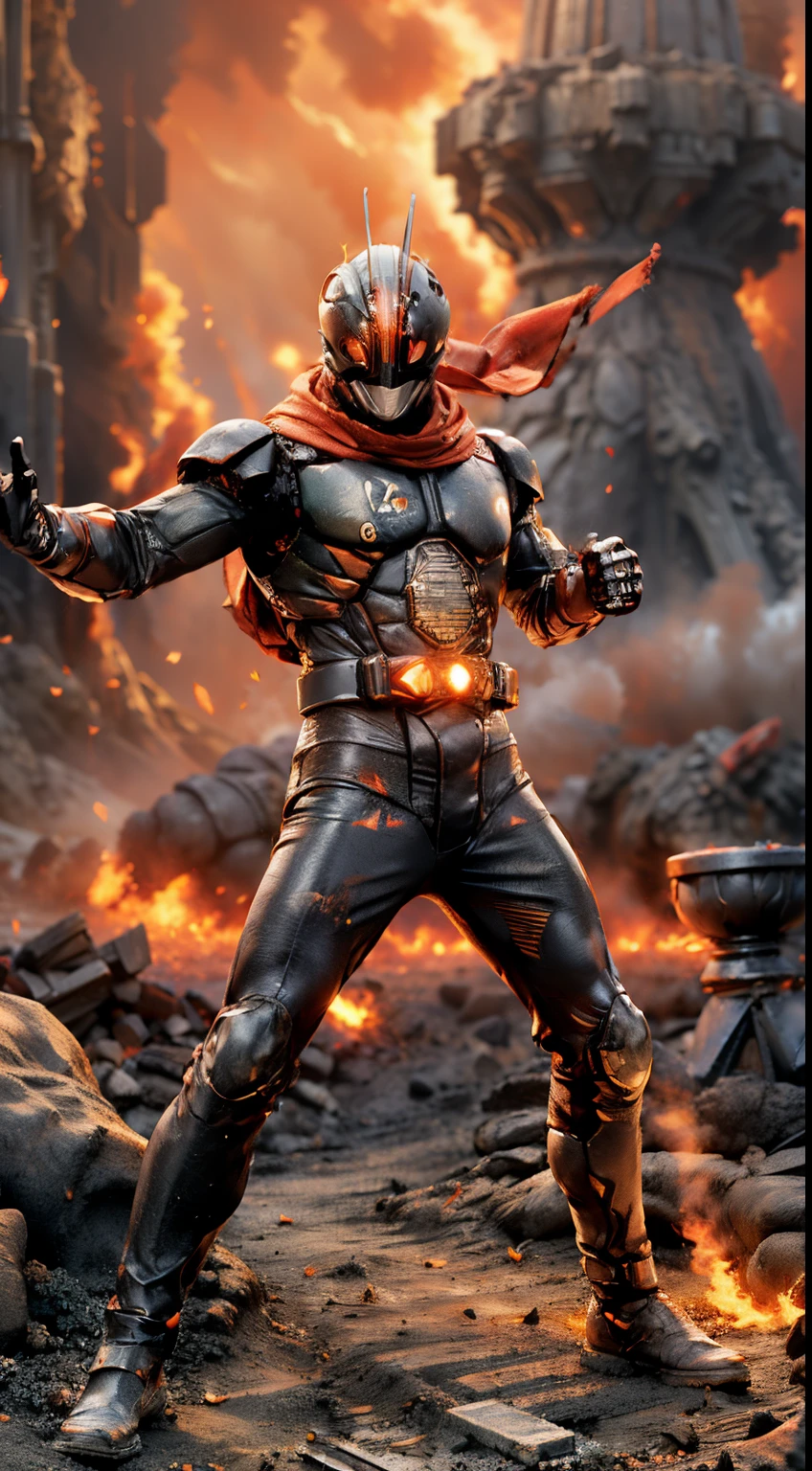 (kamen rider, (close up punch to viewer), full body detailed, detailed hands, good fingers, good hands, good legs, red scarf, low hood, ruins, floating, explosion, debris, some fire and glitter background, ((epic sand storm)), ultra hd, ultra realistic texture, (flare lens:1.2), (long shot:0.9)