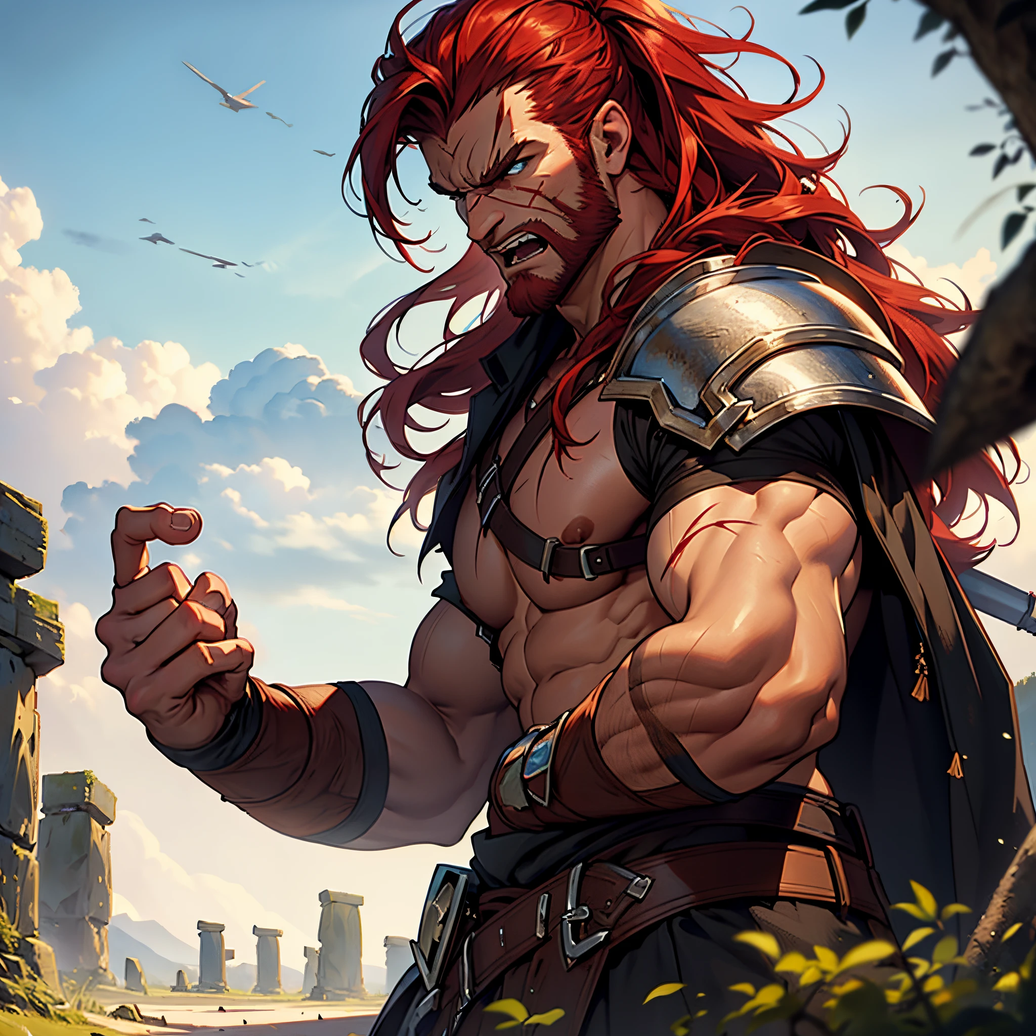 ​masterpiece, Best Quality, detailed, Cinematics, 4k, Background with: In front of Highland Stonehenge, Barbarian warrior wearing bear skin and armor(redhead wolverine.), There are many scars on the face, angry