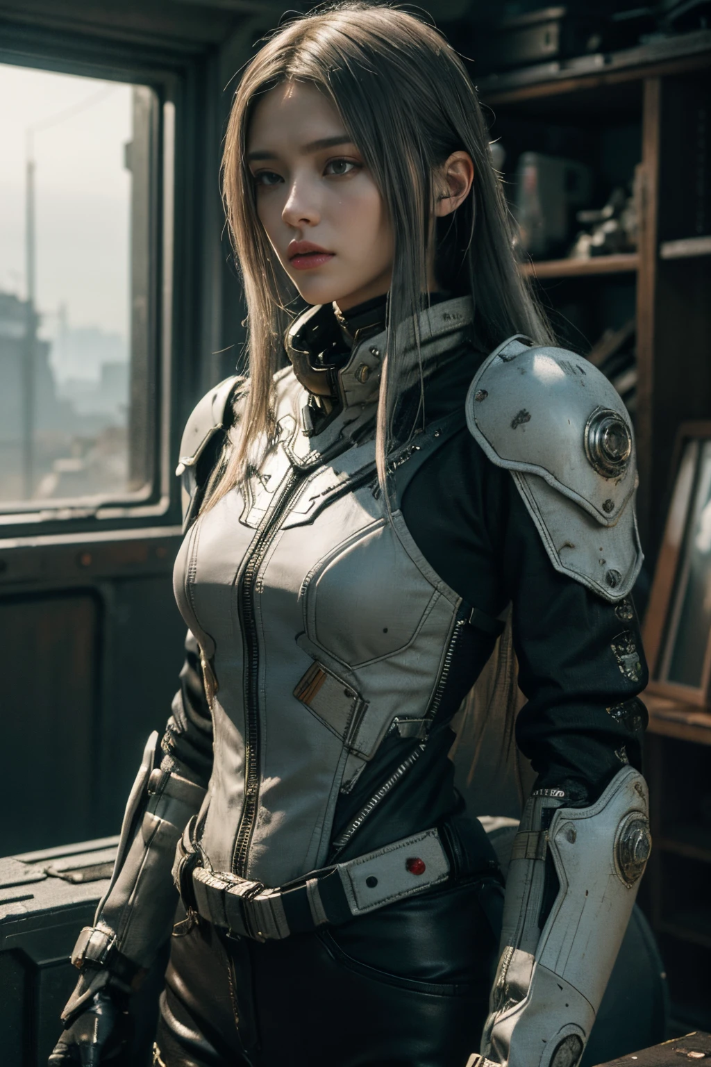 jean giraud, post-apocalyptic wastelands, (femele, techwear Stylish but extremely beautiful:1.4),White tight mecha,gray long hair, (Complicated details, tmasterpiece, Best quality:1.4) ,mecha girl, Nikolai Samori's style, dystopians style, desolated, Post-apocalyptic days, Melancholic, theatrical, The content is very detailed, looking at viewert, dynamicposes, Dynamic camera angle,
