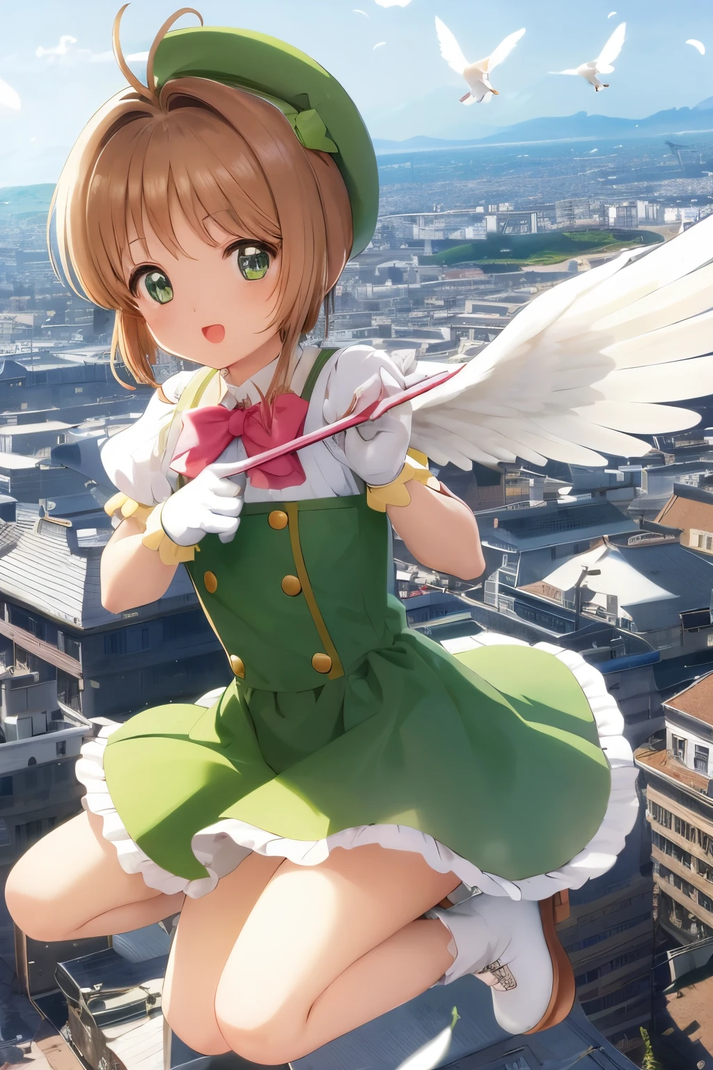 masuter piece, Best Quality, 超A high resolution, top-quality, Anime style, The best lighting, Beautiful face, kinomoto sakura, 1girl in, light brown hair, Short hair, Antenna Hair, pink headwear, Green eyes, frilld, Pink dress, Puffy Short Sleeves, White Gloves, Red bow, white thighhig, Kero-chan, There are small white feathers on the back, (Flying over the city:1.5)