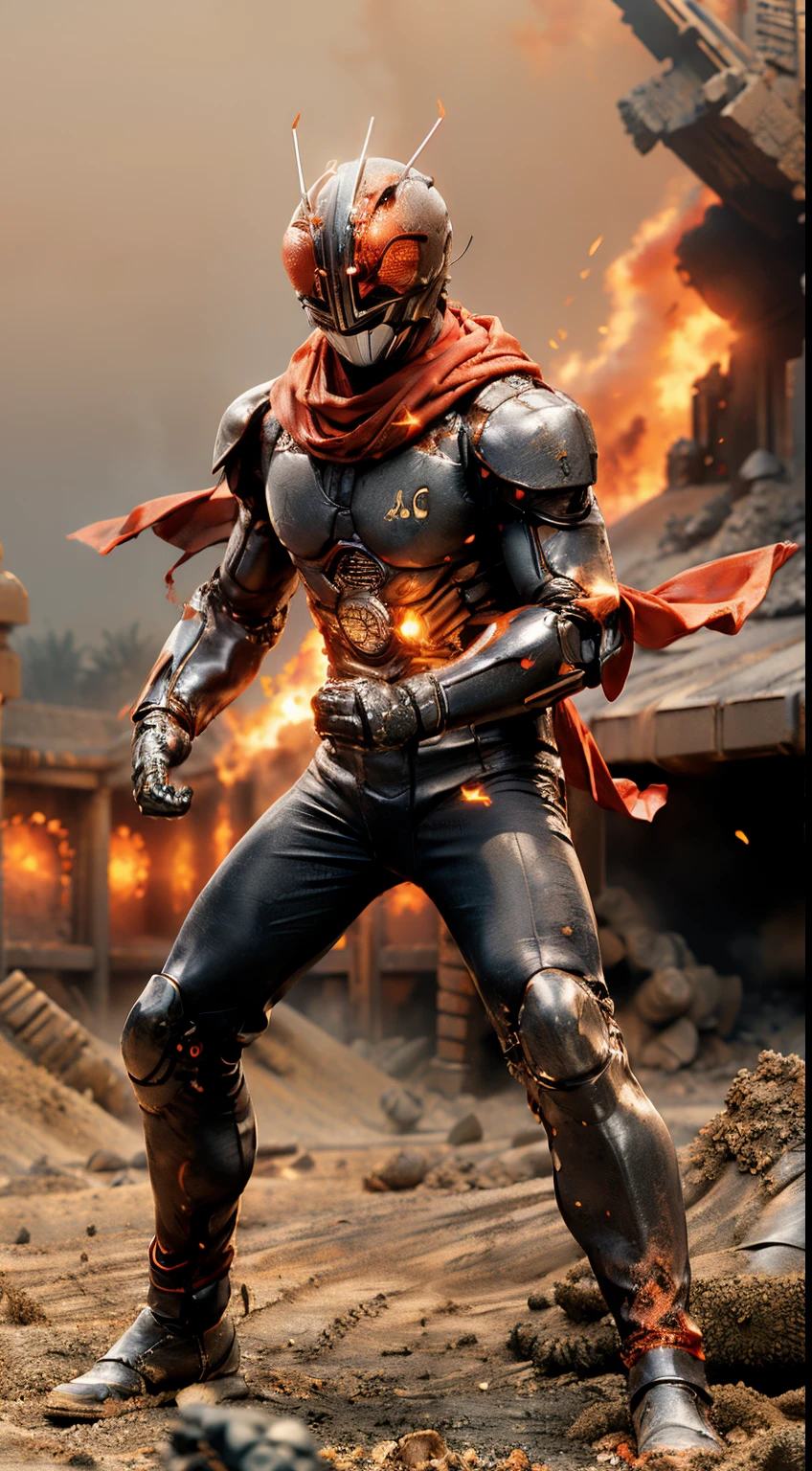 (kamen rider, (close up punch to viewer), full body detailed, detailed hands, good fingers, good hands, good legs, red scarf, low hood, ruins, floating, explosion, debris, some fire and glitter background, ((epic sand storm)), ultra hd, ultra realistic texture, (flare lens:1.2), (long shot:0.9)