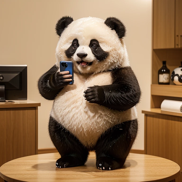 procrastination panda:A cute panda holding a smartphone,Symbolizes the temptation to procrastinate amid social media and online distractions。