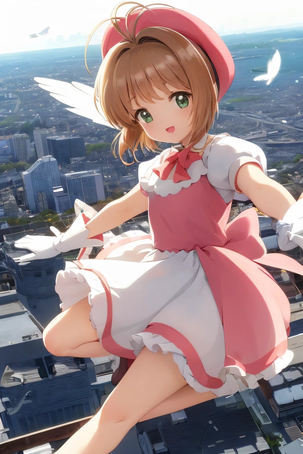 masuter piece, Best Quality, 超A high resolution, top-quality, Anime style, The best lighting, Beautiful face, kinomoto sakura, 1girl in, light brown hair, Short hair, Antenna Hair, pink headwear, Green eyes, frilld, Pink dress, Puffy Short Sleeves, White Gloves, Red bow, white thighhig, Kero-chan, There are small white feathers on the back, (Flying over the city:1.5)