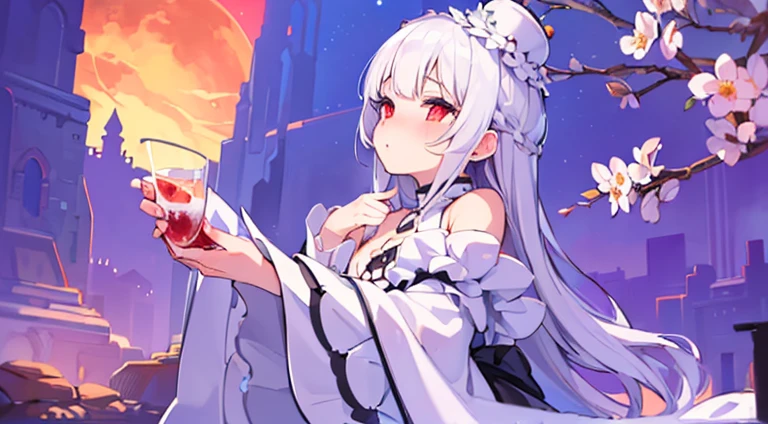 (((best quality))), (((ultra detailed))),()(nsfw),(((masterpiece))), illustration, night, broken castle, (a girl), (black dress), white sock, white hair, cloak, red eyes, (Gothic lolita), lovely, flat chest,drink blood,red round bright moon,a Equinox Flower on the head,blush,(Look down upon the world),(sexy)