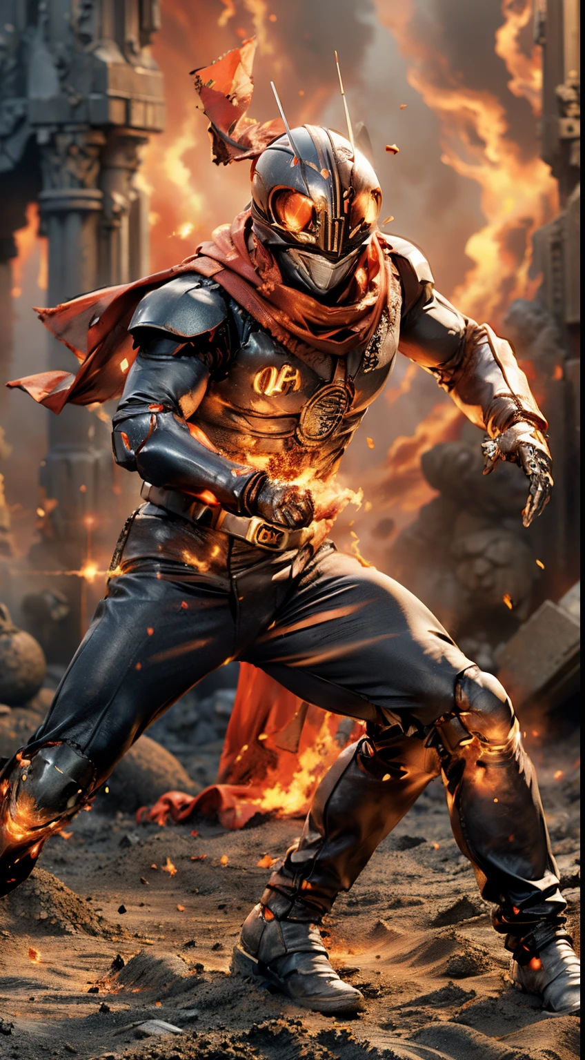 (kamen rider, (close up punch to viewer), full body detailed, detailed hands, good fingers, good hands, good legs, red scarf, low hood, ruins, floating, explosion, debris, some fire and glitter background, ((epic sand storm)), ultra hd, ultra realistic texture, (flare lens:1.2), (long shot:0.9)