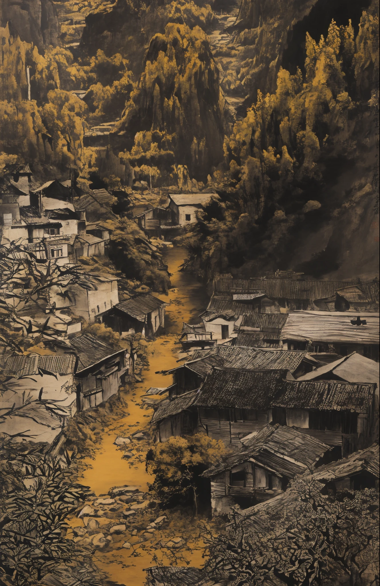 Small village overlooking the creek, style influenced by ancient Chinese art, light yellow and light black, Chinese painting, ink painting, Bada Shanren, Xu Wei, Shi Tao, organic architecture, hiking, earthy naturalism