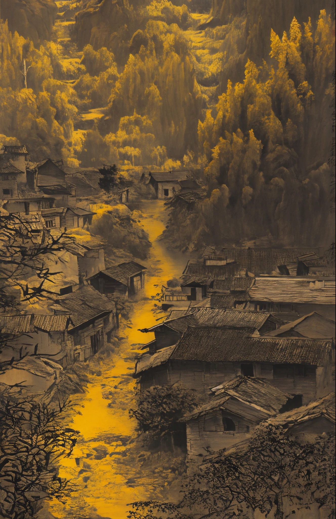 Small village overlooking the creek, style influenced by ancient Chinese art, light yellow and light black, Chinese painting, ink painting, Bada Shanren, Xu Wei, Shi Tao, organic architecture, hiking, earthy naturalism