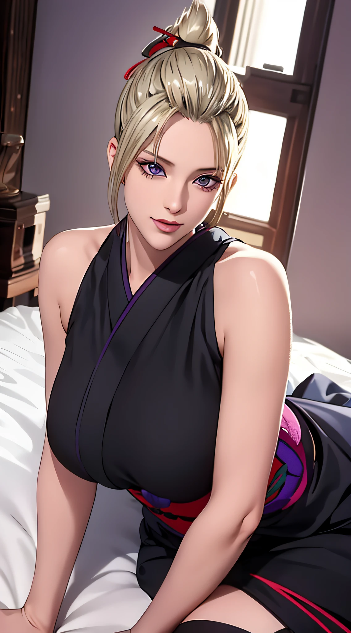 （（（There are scars on the face，Blonde hair, a purple eye, folded ponytail, hair adornments,black kimono,Big crotch，S-shaped body:1.7））），((tmasterpiece)),A high resolution, ((Best quality at best))，tmasterpiece，top-quality，Best quality，（（（ exquisite facial features，looking at viewert,There is light in the eyes，Smilingly，Self-confident ））），（（（Light and shadow interlace））），（（（dynamicposes, 1 girl, (complete figure:0.9), Alone,, sexy women,Body contours，Raised sexy，Realistic silhouette of human body， ((good body)),the girl poses for a photo，Full body lesbian，24 years old female model，perfect foot、have perfect arms，Lie down in bed，clean sheets，)）））