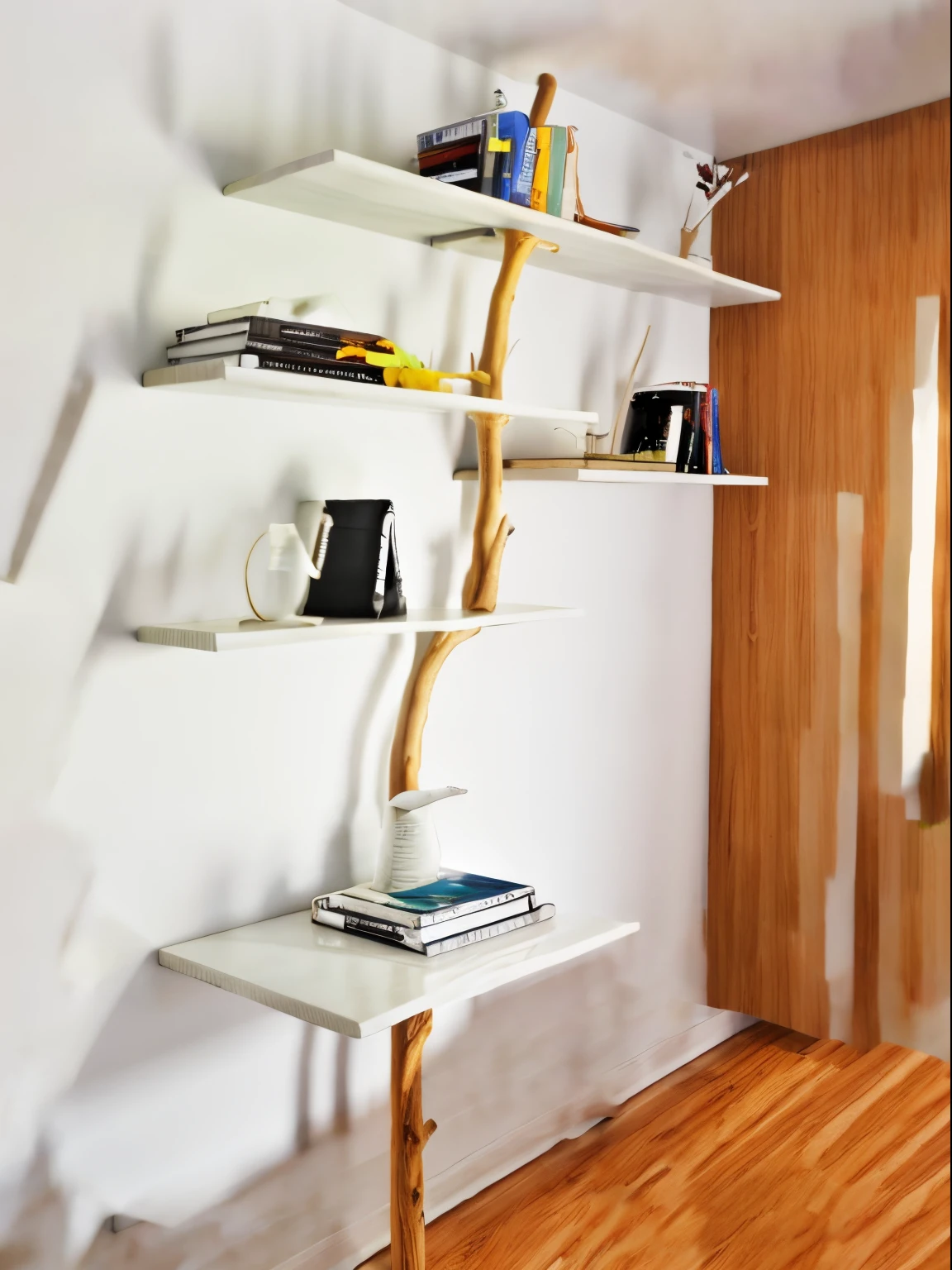((light white wooden table shelf))