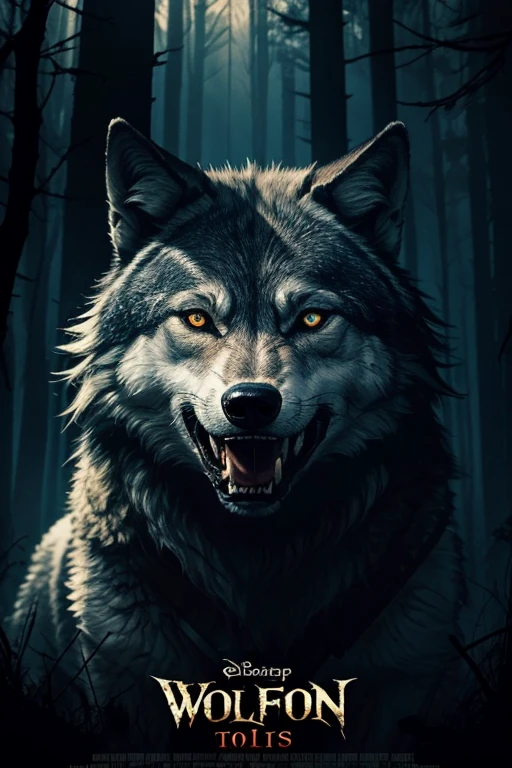 Movie poster, best quality, thriller movie poster, wolf with human arm in his teeth, glowing eyes, blood dripping from wolf's mouth, backwoods, dark forest, eerie