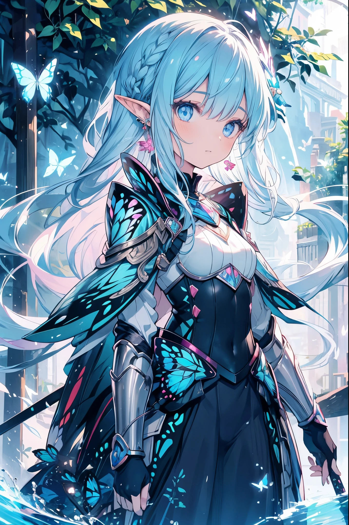 the anime girl has swords beside her and some butterflies fly around in the background, 1girl, pointy ears, solo, flower, long hair, jewelry, looking at viewer, armor, bug, butterfly, earrings, blue eyes, water, elf, shoulder armor, braid, nature, bangs, outdoors