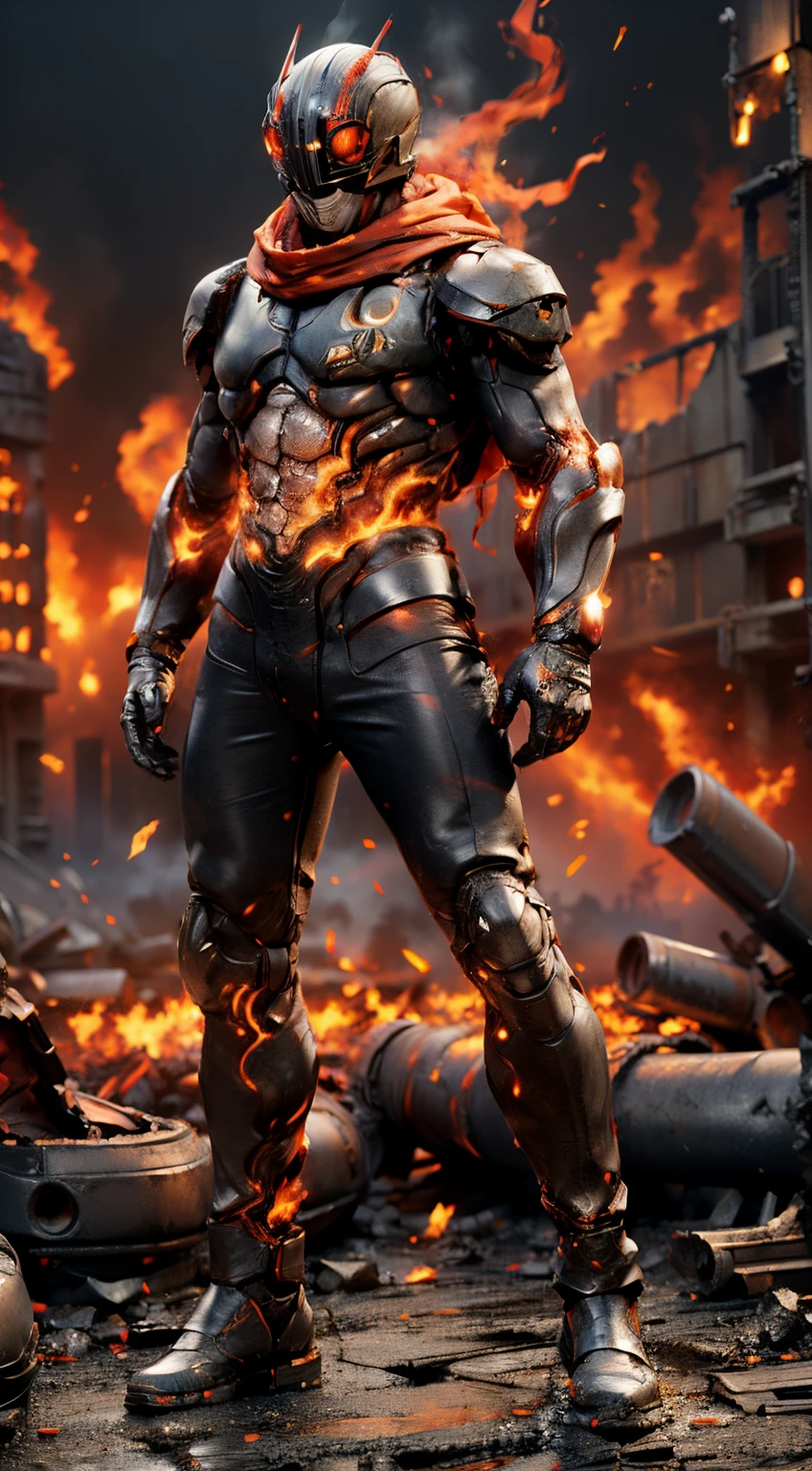 (kamen rider, (standing), (turn around), full body detailed, detailed hands, good fingers, good hands, good legs, red scarf, low hood, ((epic burning city)), ruins, floating, explosion, debris, some fire and glitter background, ultra hd, ultra realistic texture, (flare lens:1.2), (long shot:0.9)