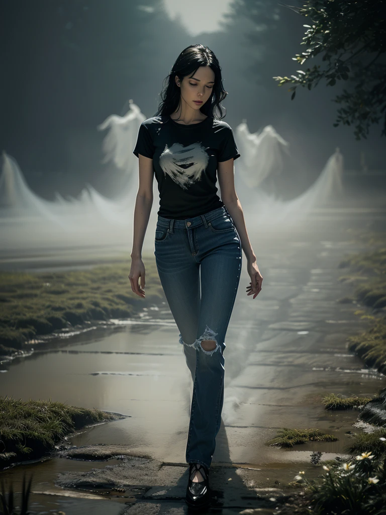 (Young woman, solo, full body, hyperrealism, t-shirt and jeans), (night), trending on artstation, moonlit, flowering field, hands on hips, (ghostlystyle, ghostly mist), horror, tattered ghostly clothes, ghostdarksouls, wraith