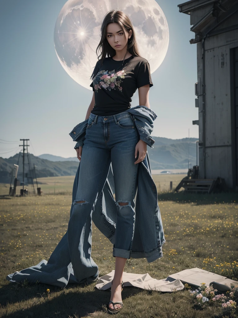 (Young woman, solo, full body, hyperrealism, t-shirt and jeans), (daytime), trending on artstation, moonlit, flowering field, hands on hips,