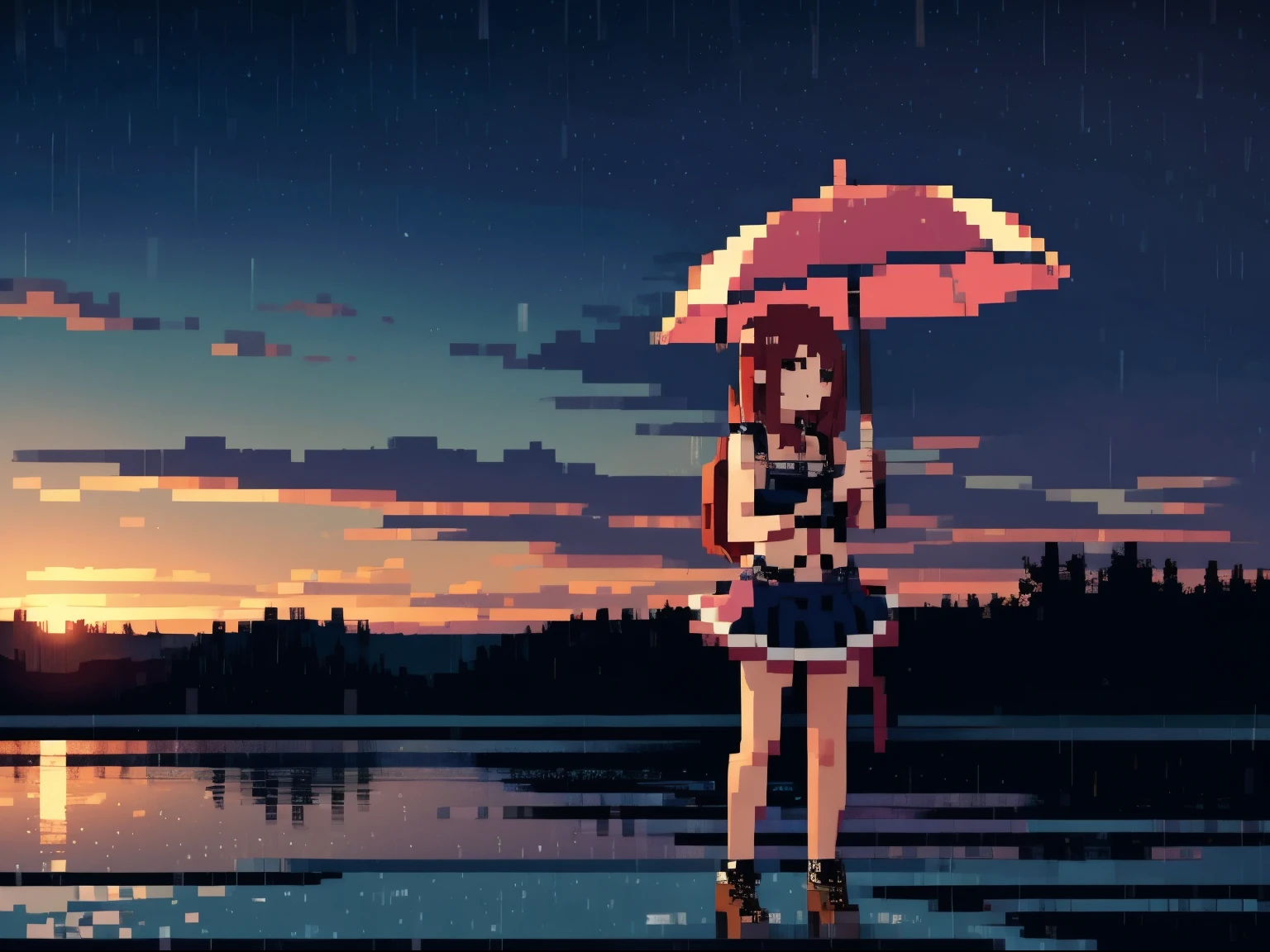 a idol take umbralla in rain, rain, sunset