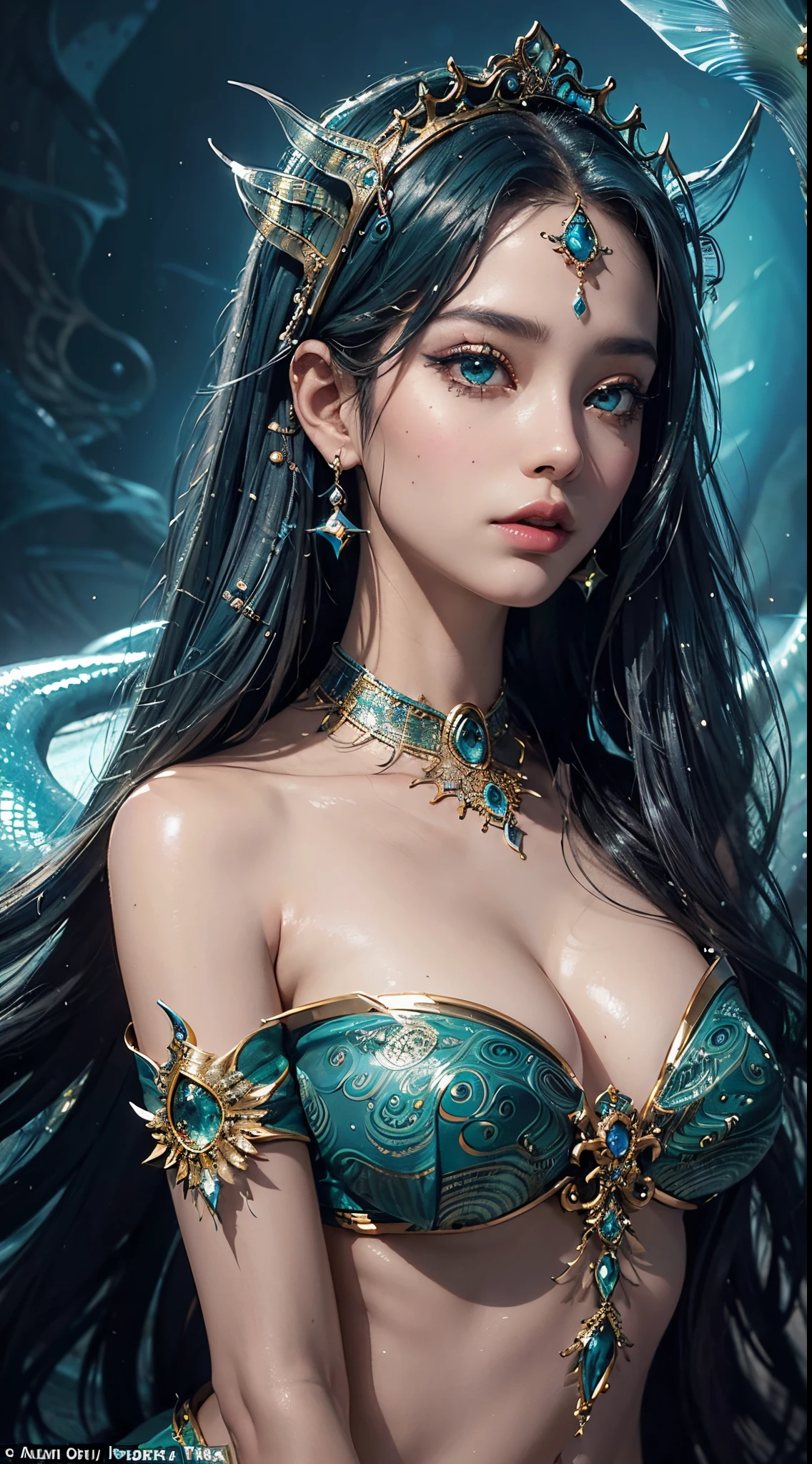 A stunningly intricate close-up portrait capturing the essence of a (((Siren))), alive with dazzlingly detailed features and a transcendentally beautiful complexion that defies this world, dressed in exotically ornate garb that only accentuates her otherworldly allure, with flowing tresses and piercing, deeply mysterious eyes that emit a potent aura of magic and wonder