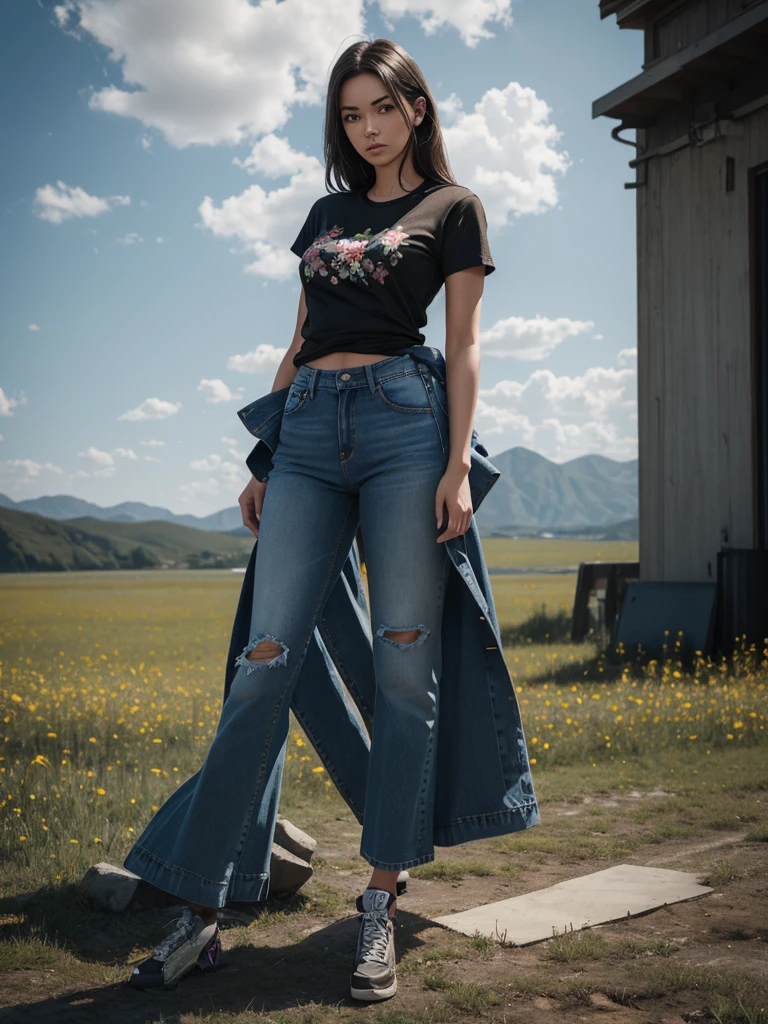 (Young woman, solo, full body,  hyperrealism, t-shirt and jeans), (daytime), trending on artstation, flowering field, hands on hips,