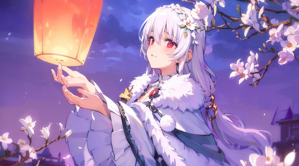 (((best quality))), (((ultra detailed))),()(nsfw),(((masterpiece))), illustration, night, broken castle, (a girl), (black dress), white sock, white hair, cloak, red eyes, (Gothic lolita), lovely, flat chest,red round bright moon,a Equinox Flower on the head,blush,(Look down upon the world),(sexy)
