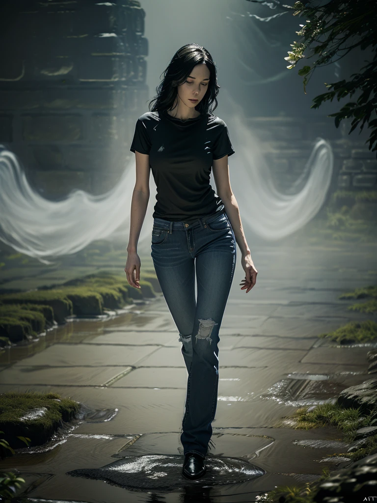 (Young woman, solo, full body,  hyperrealism, t-shirt and jeans), (night), trending on artstation, moonlit, flowering field, hands on hips, (ghostlystyle, ghostly mist), horror, tattered ghostly clothes, ghostdarksouls, wraith