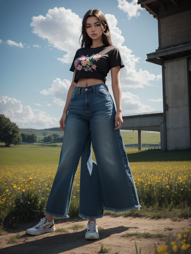 (Young woman, solo, full body, hyperrealism, t-shirt and jeans), (daytime), trending on artstation, flowering field, hands on hips, midriff