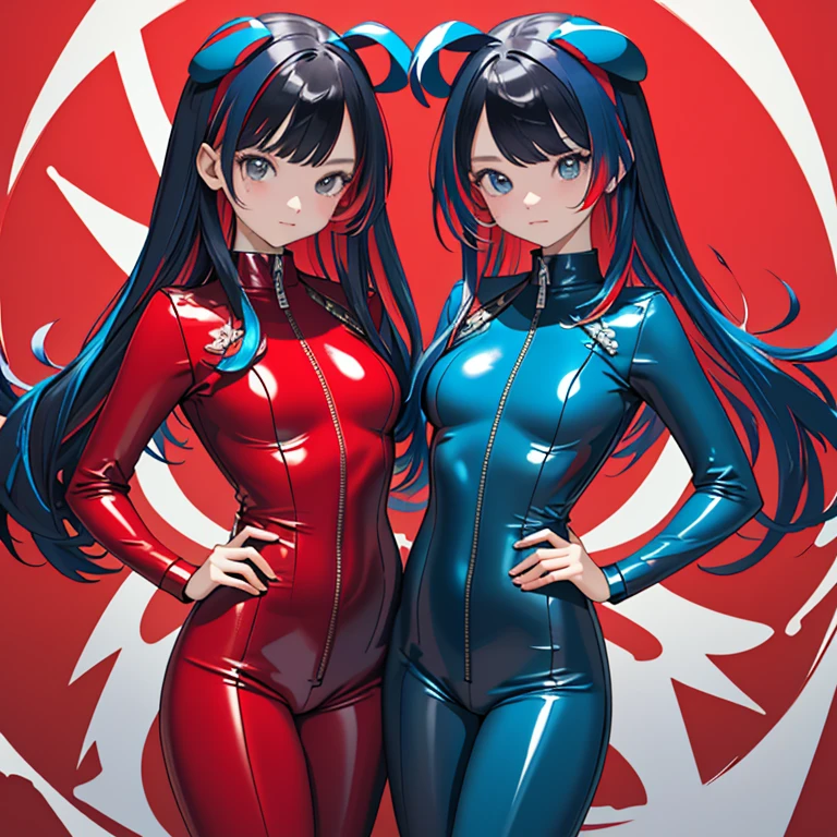 ((masterpiece、top-quality:1.5、a high chroma:1.5、ultra-detailliert、high-resolution illustrations:1.5、Ultra-high-definition CG、8k size wallpaper、offcial art))、(2girls,twin sisters),(cute face:1.5)、(clear face:1.3),
((Blue-only color scheme:1.5)), ((red-only color scheme:1.5)),(sexy body),(One only wears red, one only wears blue.),(Enamel catsuit、front zipper),(multicolored hair:1.5), ((medium breasts))、
,(Glossy outfit),()、(cowboy shot)、