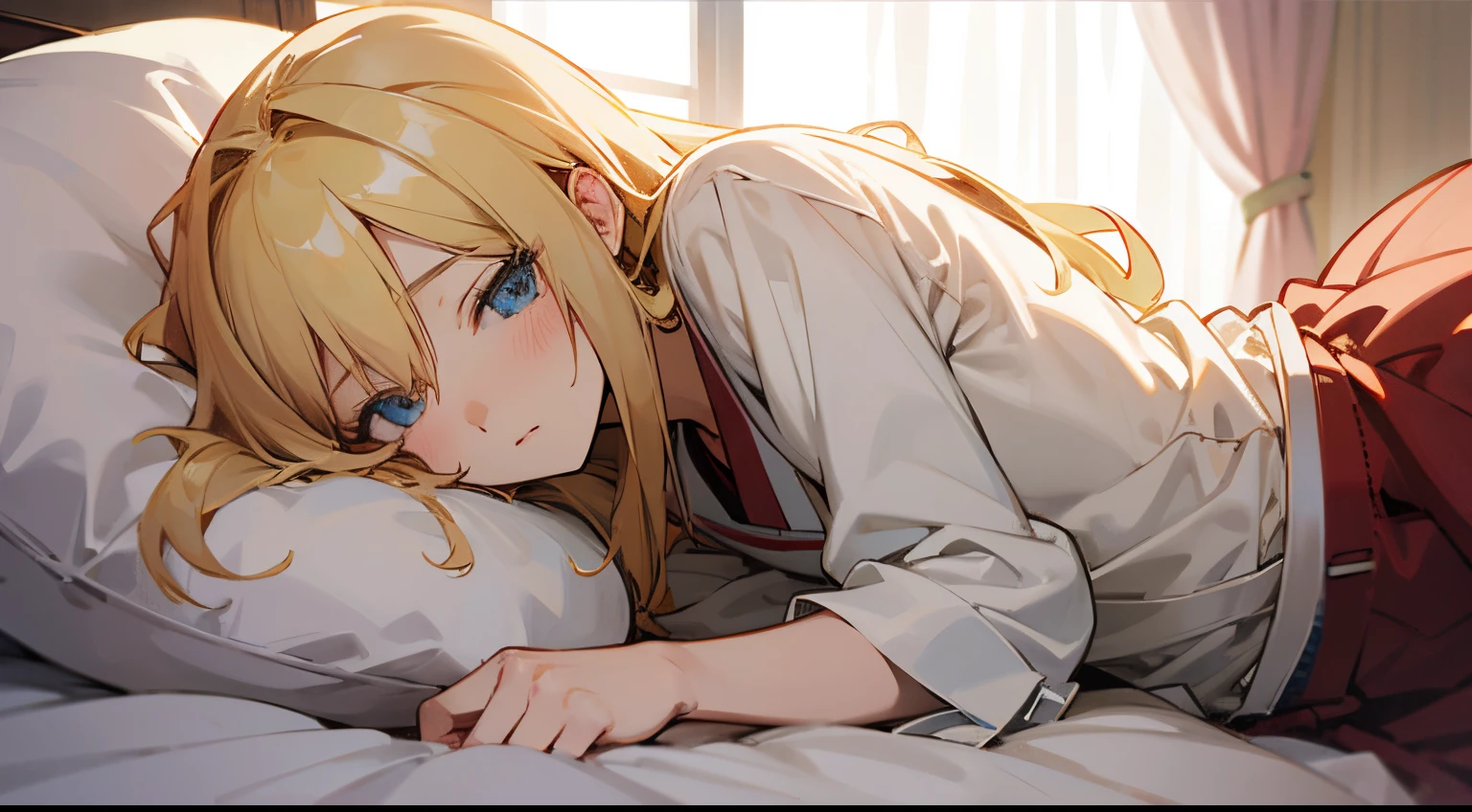 Beautiful blonde anime girl on bed