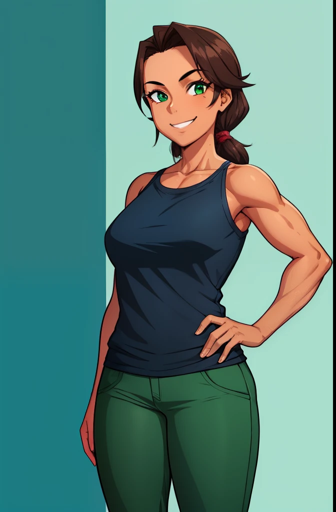 absurdres, high res, ultrasharp, 8K, masterpiece, 1girl, extremely short boyish hair, the shortest hair you can create, dark brown hair, green eyes, athletic, muscular, smiling, blue tank top, black tight leggings