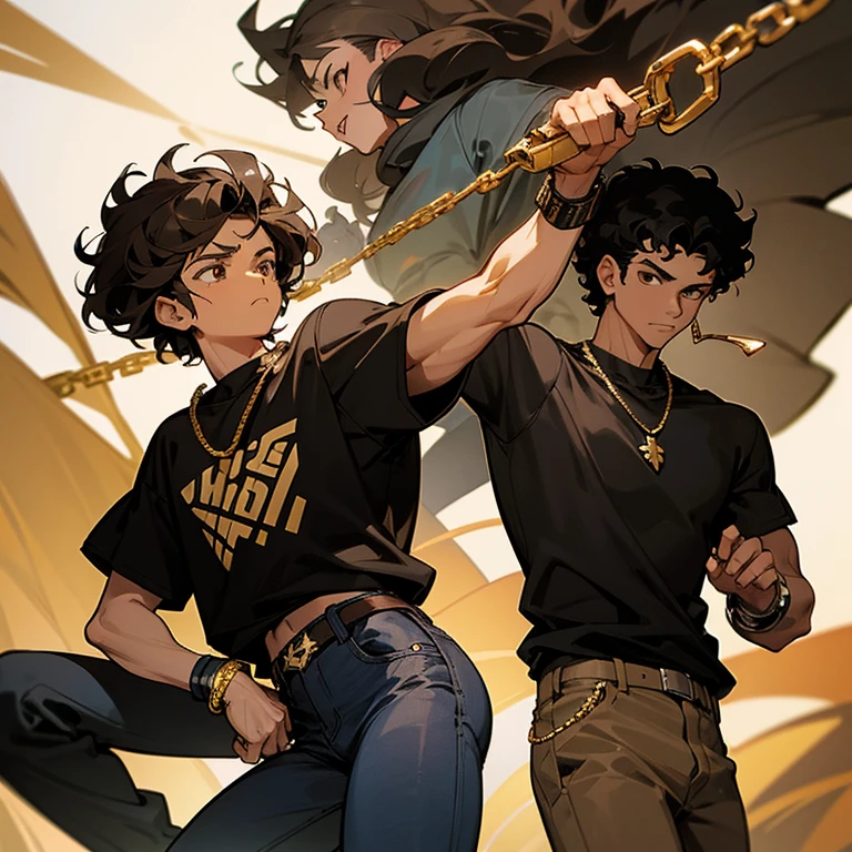 light brown hispanic, black curly hair, brown eyes, black t shirt, black jeans, retro thunder forces 4, gun in his right hand holding it up, he had gold chains around his neck and a diamond watch