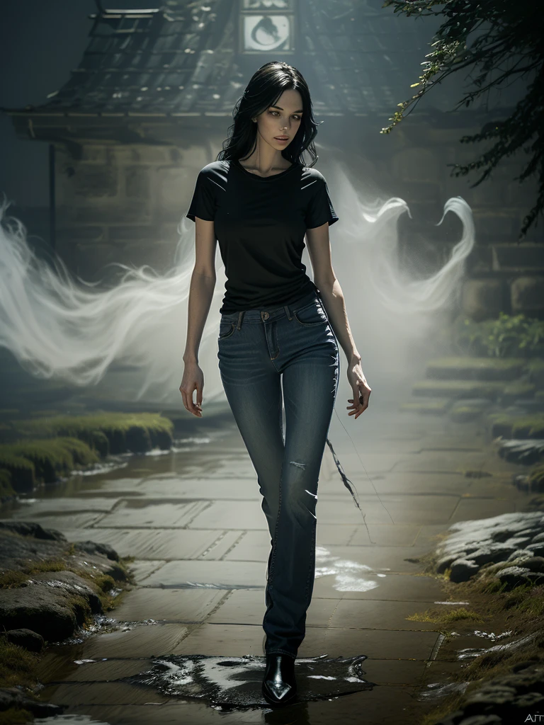 (Young woman, solo, full body, hyperrealism, t-shirt and jeans), (night), trending on artstation, moonlit, flowering field, hands on hips, (ghostlystyle, ghostly mist), horror, tattered ghostly clothes, ghostdarksouls, wraith, floating