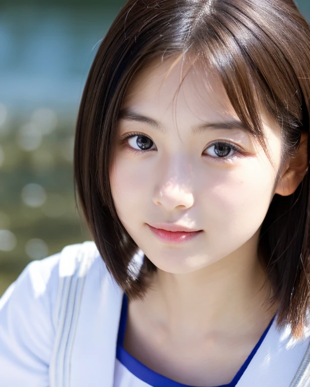 Young adorable Japan face, Young cute Japan face, Japan girl with short hair,Light hair color, beautiful young  japanese woman,sixteen years old,hight resolution,A hyper-realistic,ultra-detailliert,hightquality,Nogizaka Idol System,selfee,Nordic beauty, Realistic, Live action, Portrait photos, Photorealsitic, Detailed skin, Japanese ido,Beautiful body lines,gothic lorita, beach clothes, being at the beach