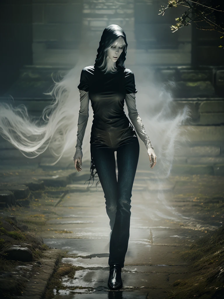 (Young woman, solo, full body, hyperrealism, t-shirt and jeans), (night), trending on artstation, moonlit, flowering field, hands on hips, (ghostlystyle, ghostly mist), horror, tattered ghostly clothes, ghostdarksouls, wraith, floating