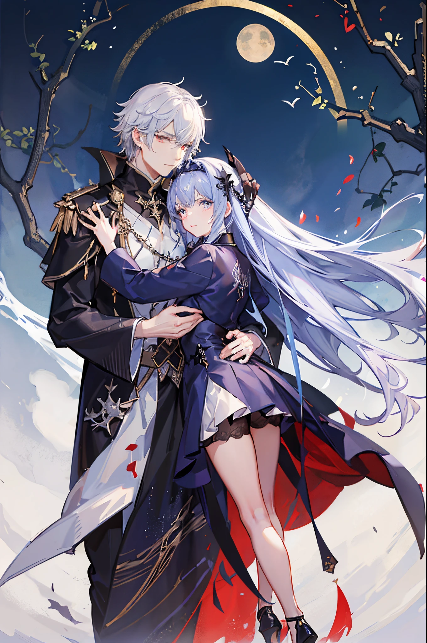 1man, Sharp blue eyes with sharp pupils, White sharp hair and he wears the robe of the Demon King、Was hugging his red-eyed wife((41 year old face))