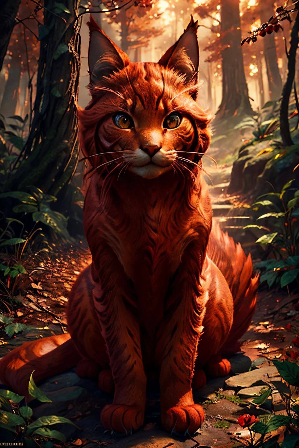 Masterpiece, photorealistic, photorealism, best quality, ultra-detailed:1.3), official art, illustration, digital art, beauty style, (((red Catgirl))), animal focus, medium shot, sharp focus, magical forest, unreal engine, focused, detailed