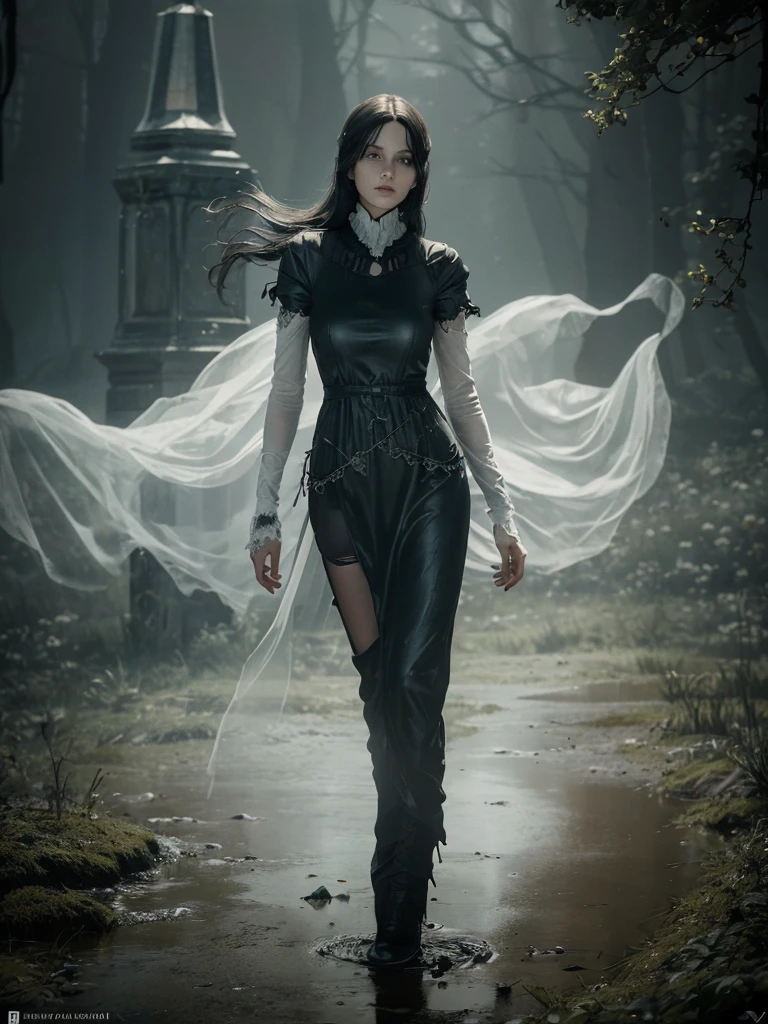 (Young woman, solo, full body, hyperrealism, gothic dress), (night), trending on artstation, moonlit, flowering field, hands on hips, (ghostlystyle, ghostly mist), horror, tattered ghostly clothes, ghostdarksouls, wraith, floating